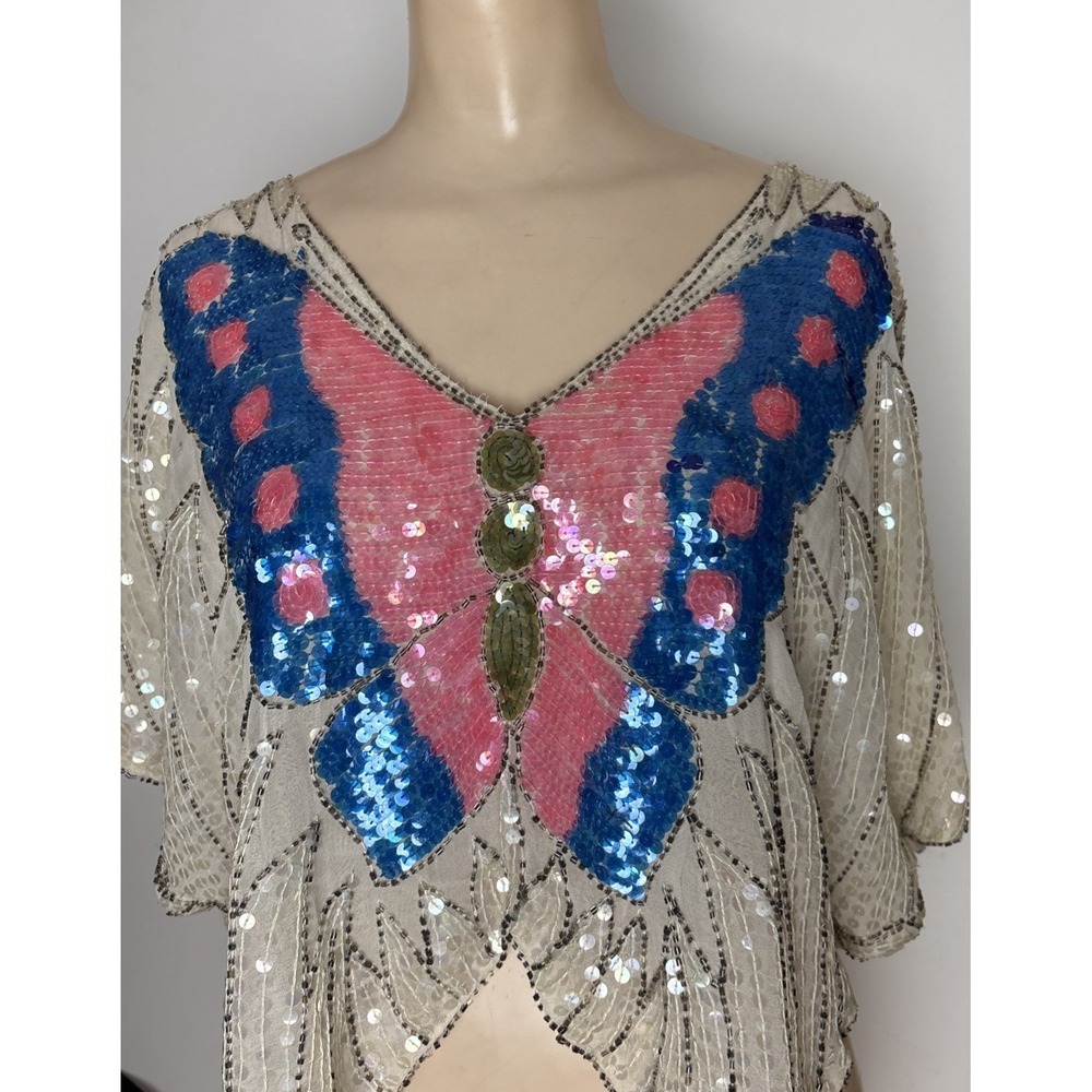 Vintage Butterfly Beaded & Sequins Queen Top Made In India Party Shirt Silk M/L - Picture 2 of 13